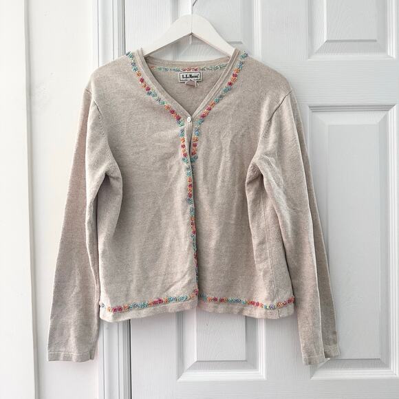 L.L. Bean Sweaters - LL Bean Vintage Beige Linen Cotton Cardigan Embroidered Multi Floral Trim Large